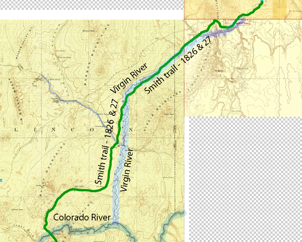 map of the first leg of Jedediah Smith's trips across the Mojave Desert