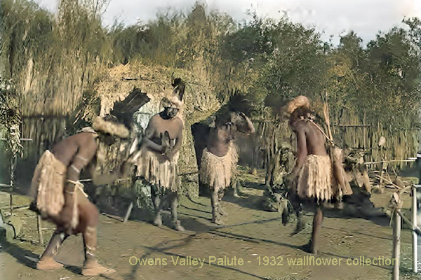 Paiute men engaged in ceremonial dance