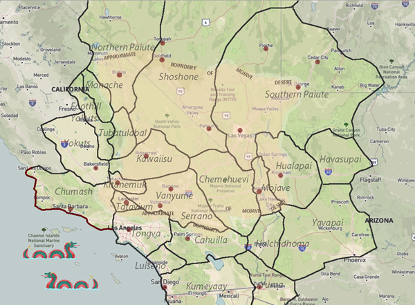 Mojave Desert Native America Tribal territories and linguistic boundaries map